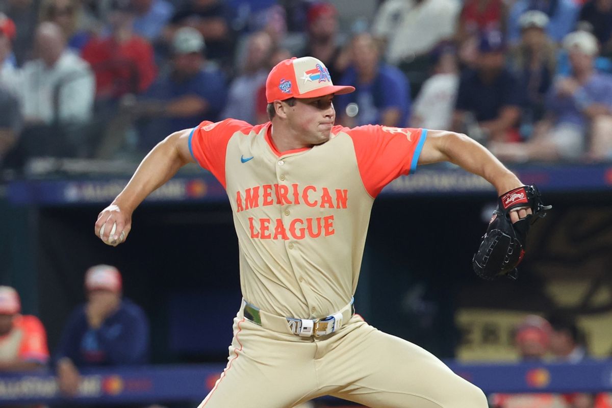 Jul 16, 2024; Arlington, Texas, USA; American League pitcher Mason Miller of the Oakland Athletics (19) pitches in the fifth inning during the 2024 MLB All-Star game at Globe Life Field. Mandatory Credit: Kevin Jairaj-USA TODAY Sports