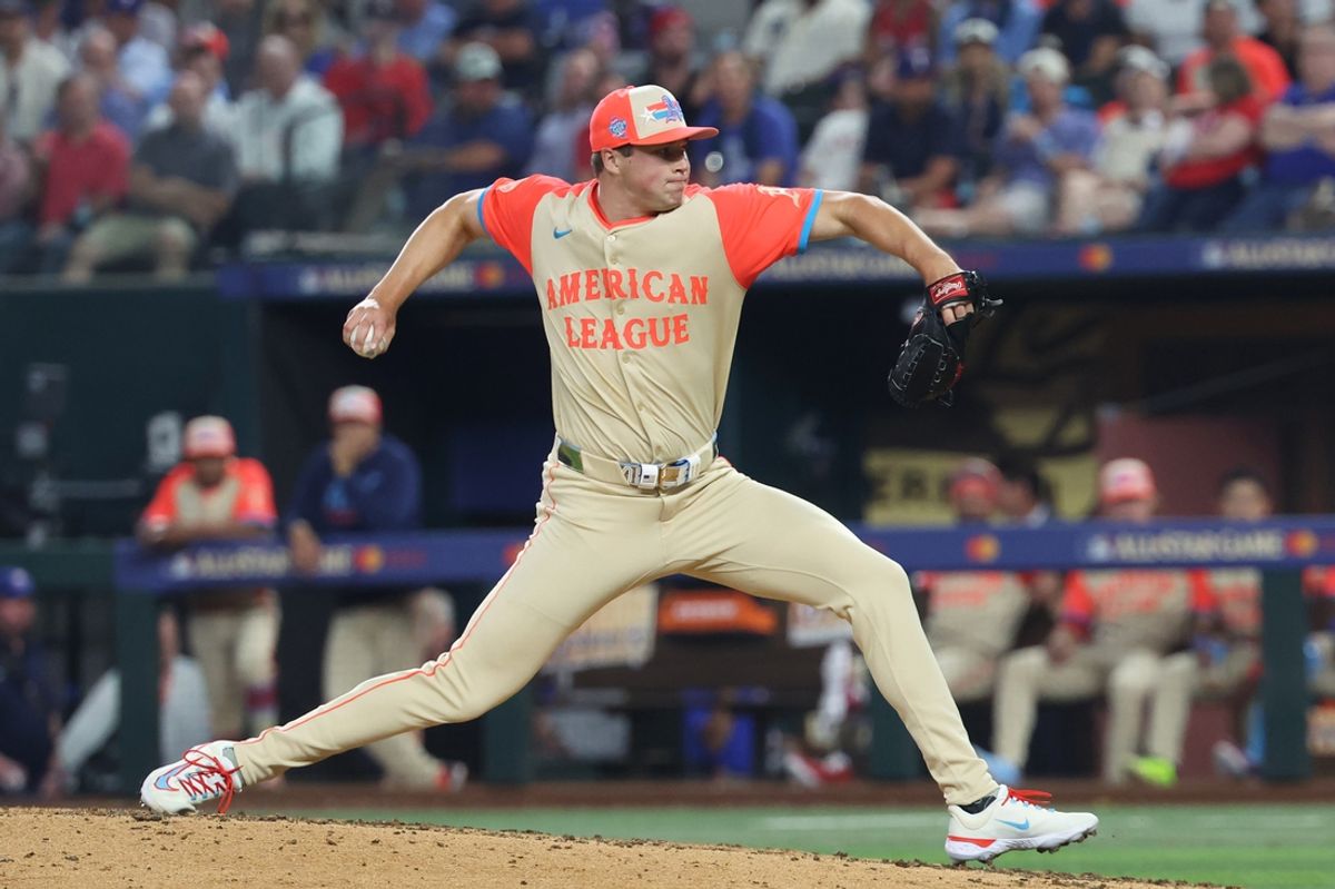 Jul 16, 2024; Arlington, Texas, USA; American League pitcher Mason Miller of the Oakland Athletics (19) pitches in the fifth inning during the 2024 MLB All-Star game at Globe Life Field. Mandatory Credit: Kevin Jairaj-USA TODAY Sports