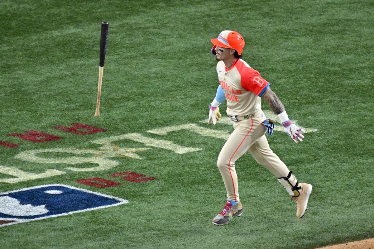 Jul 16, 2024; Arlington, Texas, USA; American League outfielder Jarren Duran of the Boston Red Sox (16) tosses his bat after he hits a two run home run during the fifth inning against the National League in the 2024 MLB All-Star game at Globe Life Field. Mandatory Credit: Jerome Miron-USA TODAY Sports
