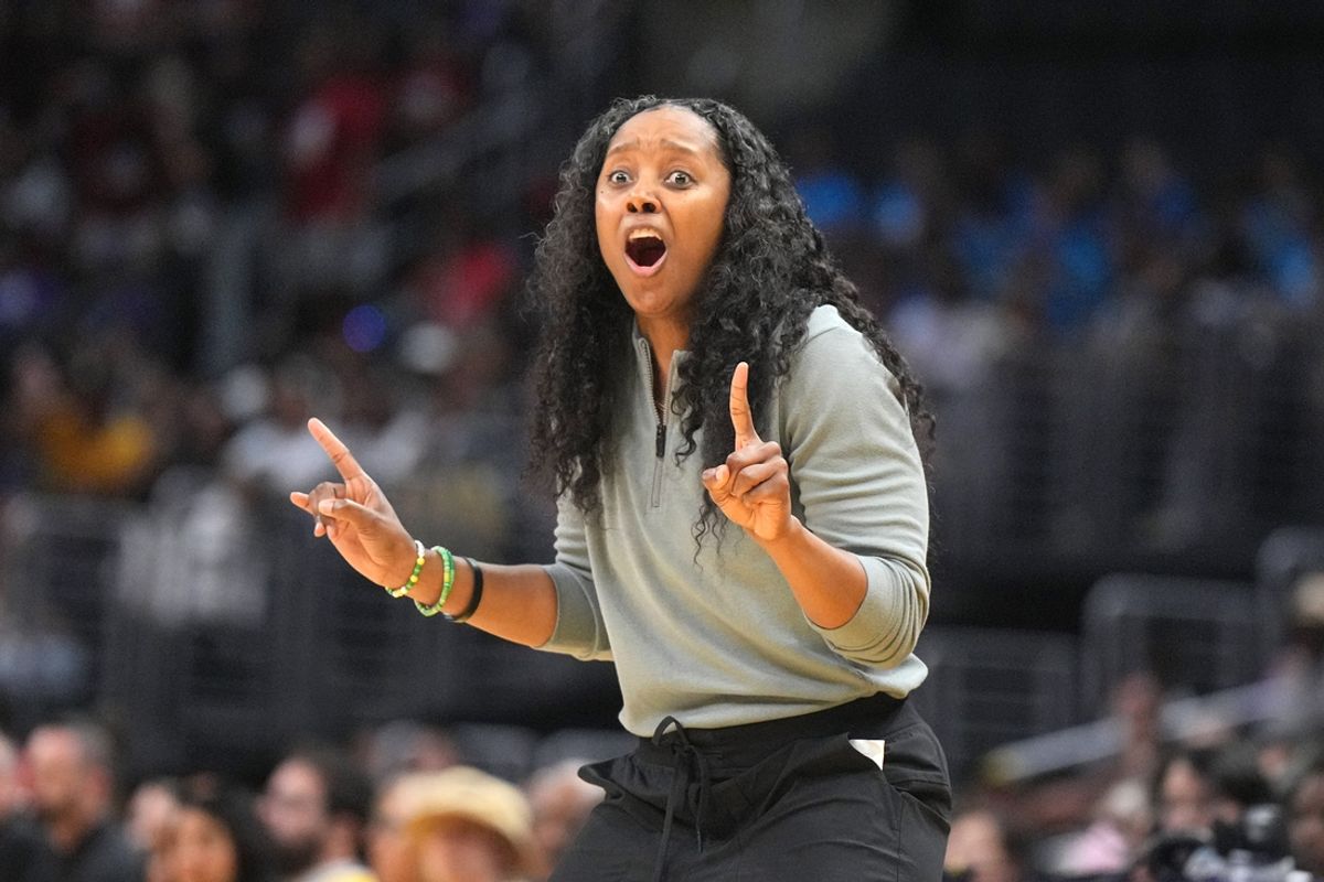 Jul 16, 2024; Los Angeles, California, USA; Seattle Storm coach Noelle Quinn reacts during the game against the LA Sparks at Crypto.com Arena. Mandatory Credit: Kirby Lee-USA TODAY Sports
