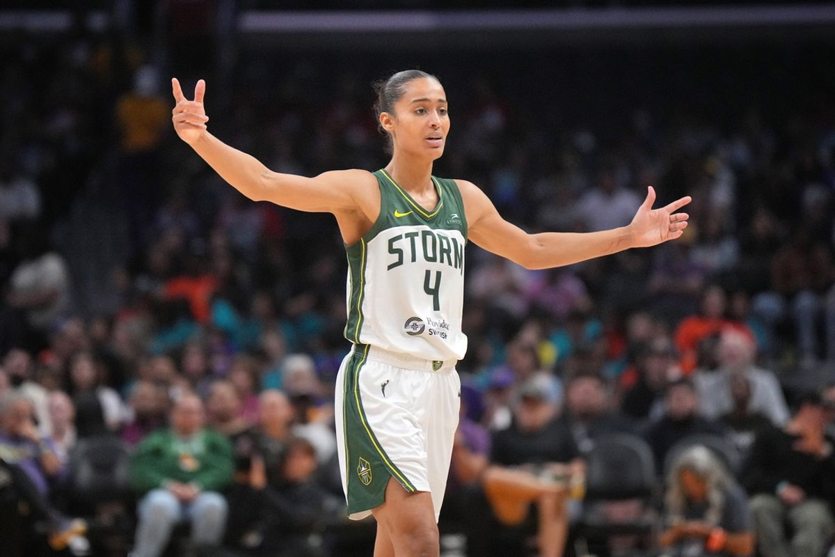 Jul 16, 2024; Los Angeles, California, USA; Seattle Storm guard Skylar Diggins-Smith (4) reacts in the second half against the LA Sparks at Crypto.com Arena. Mandatory Credit: Kirby Lee-Imagn Images