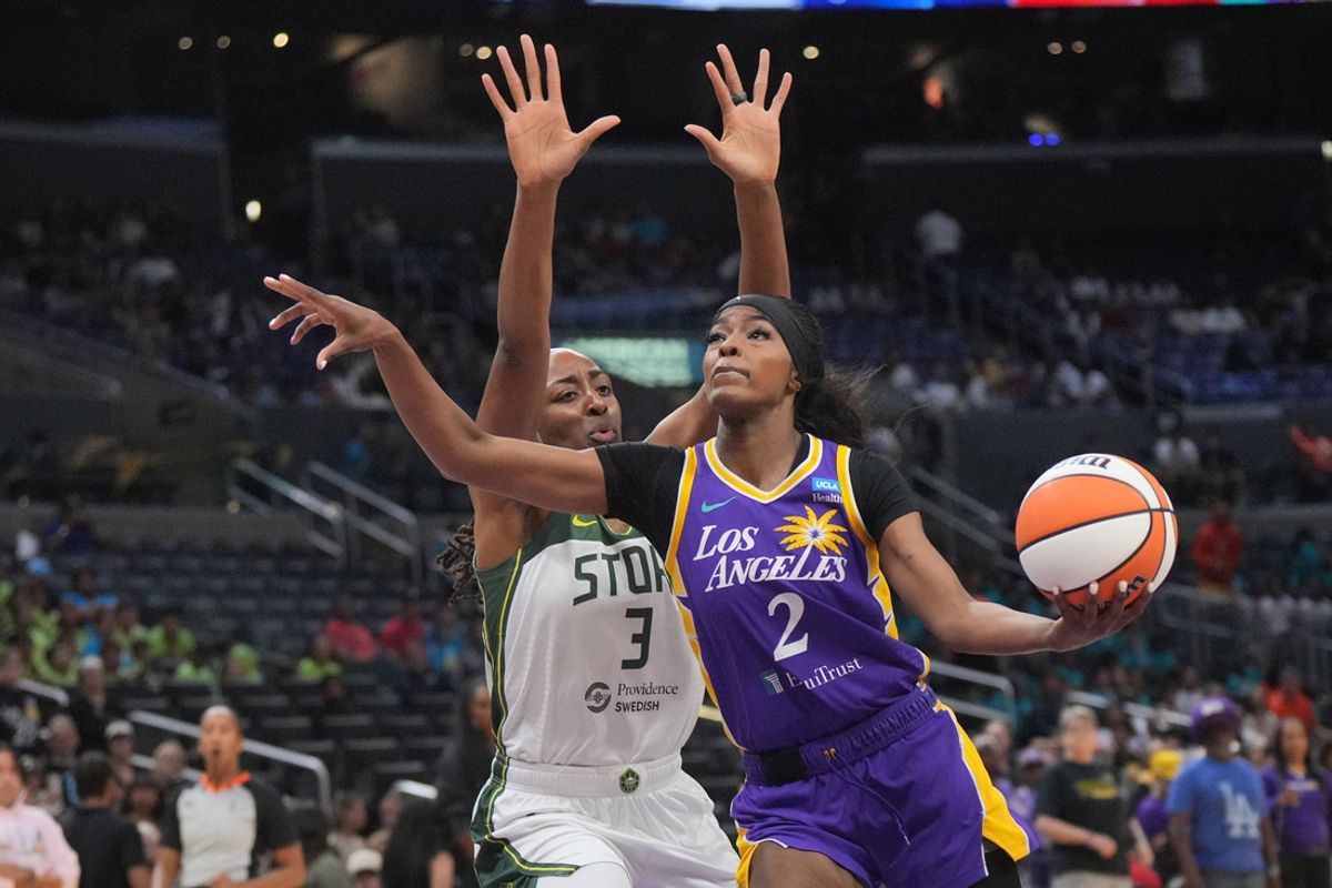 Jul 16, 2024; Los Angeles, California, USA; LA Sparks forward Rickea Jackson (2) is defended by Seattle Storm forward Nneka Ogwumike (3) in the first half at Crypto.com Arena. Mandatory Credit: Kirby Lee-USA TODAY Sports