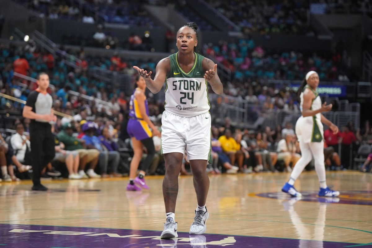 Jul 16, 2024; Los Angeles, California, USA; Seattle Storm guard Jewell Loyd (24) reacts in the second half against the LA Sparks at Crypto.com Arena. Mandatory Credit: Kirby Lee-USA TODAY Sports