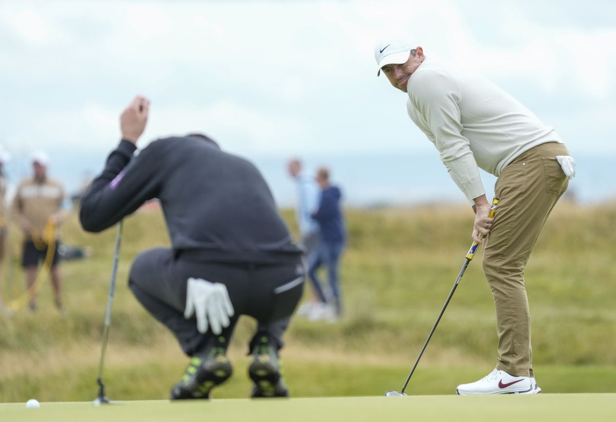 Jul 17, 2024; Ayrshire, SCT; Rory McIlroy on the 13th green watching a missed put during practice rounds at the Open Championship golf tournament at Royal Troon. Mandatory Credit: Jack Gruber-USA TODAY Sports