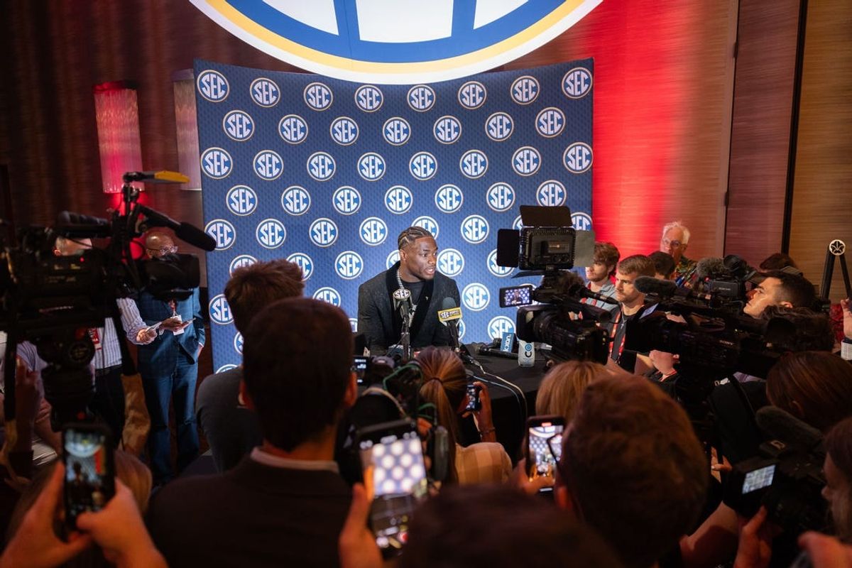 Jul 17, 2024; Dallas, TX, USA; Alabama quarterback Jalen Milroe speaking to the media at Omni Dallas Hotel. Mandatory Credit: Brett Patzke-USA TODAY Sports