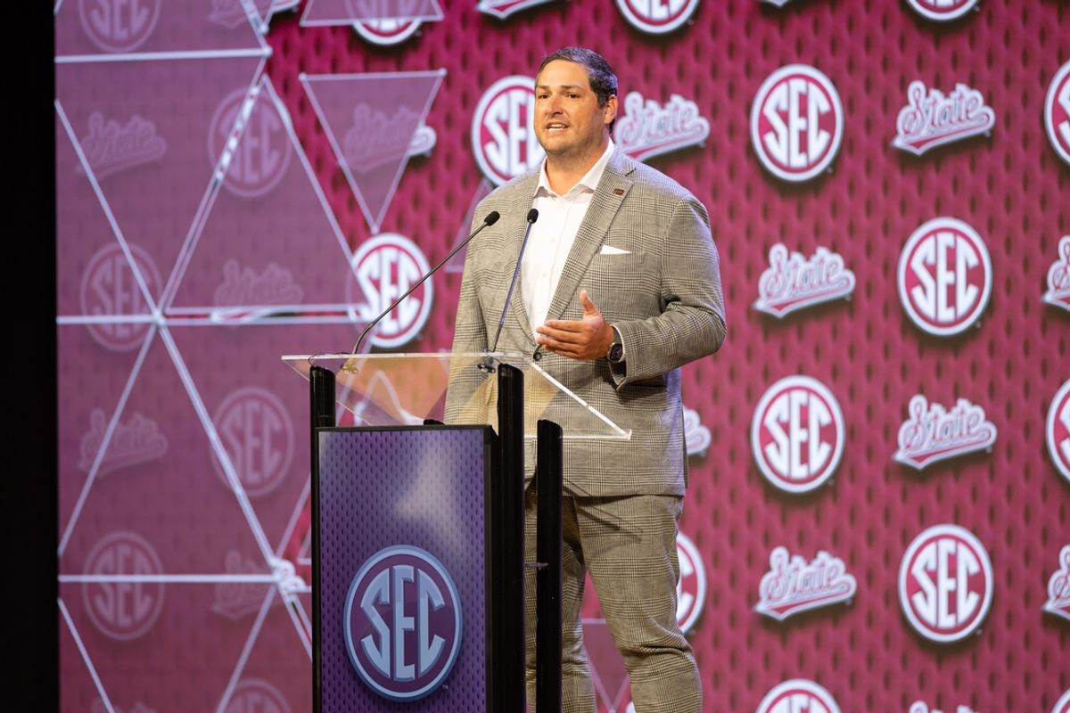 Jul 17, 2024; Dallas, TX, USA; Mississippi State head coach Jeff Lebby speaking at Omni Dallas Hotel. Mandatory Credit: Brett Patzke-USA TODAY Sports