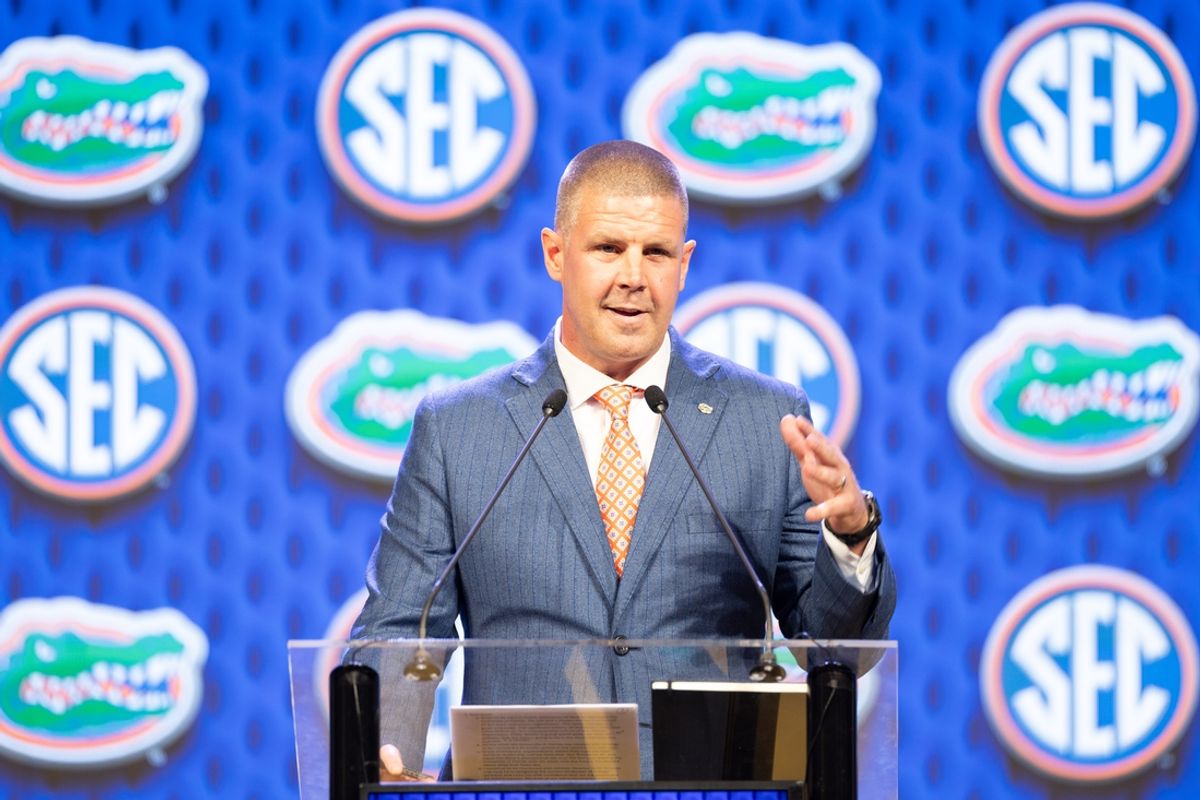 Jul 17, 2024; Dallas, TX, USA; Florida head coach Billy Napier speaking at Omni Dallas Hotel. Mandatory Credit: Brett Patzke-USA TODAY Sports