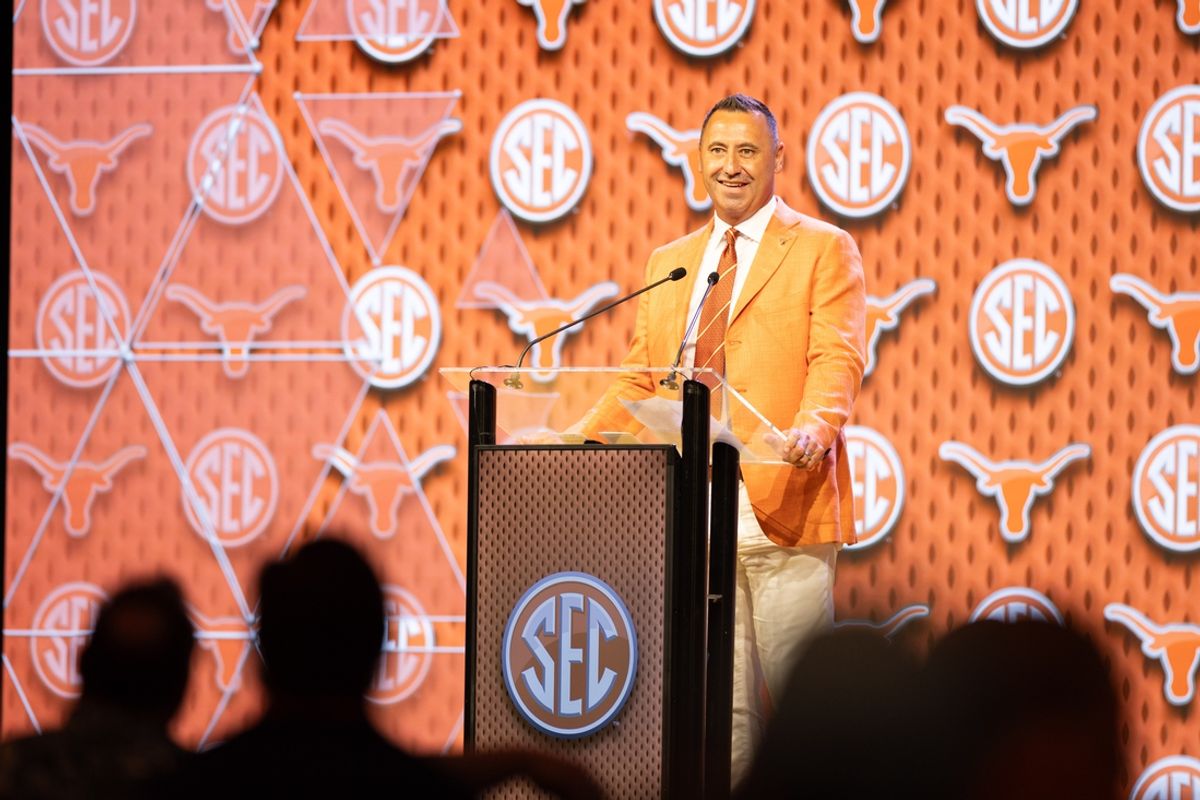 Jul 17, 2024; Dallas, TX, USA; Texas head coach Steve Sarkisian speaking at Omni Dallas Hotel. Mandatory Credit: Brett Patzke-USA TODAY Sports