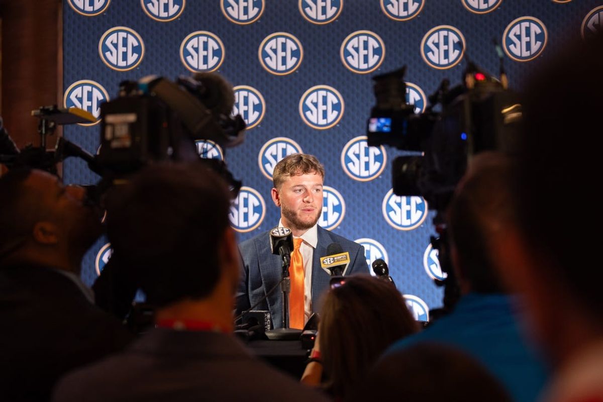 Jul 17, 2024; Dallas, TX, USA; Texas quarterback Quinn Ewers speaking at Omni Dallas Hotel. Mandatory Credit: Brett Patzke-USA TODAY Sports