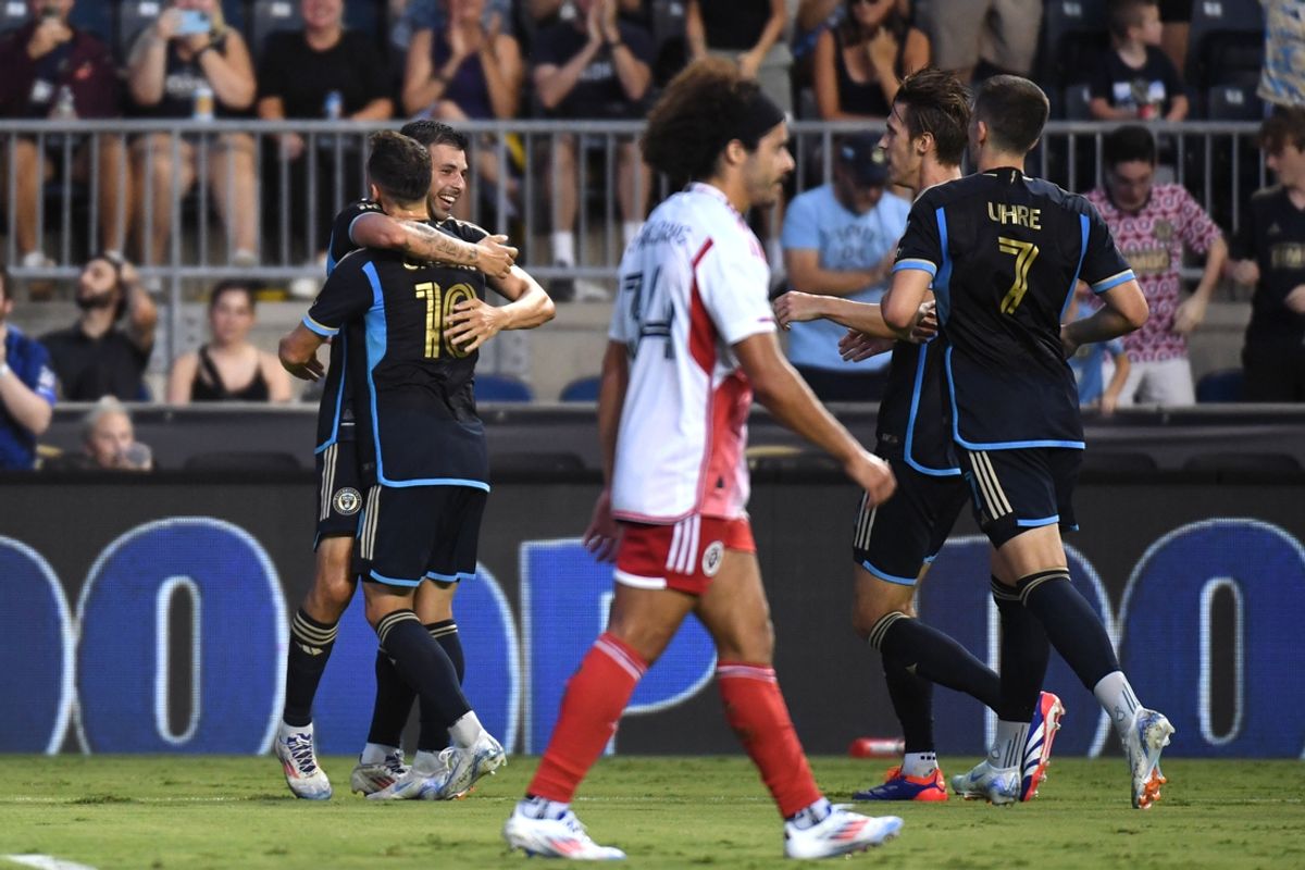 Jul 17, 2024; Philadelphia, Pennsylvania, USA; Philadelphia Union forward Tai Baribo (28) celebrates with midfielder Daniel Gazdag (10) after scoring a goal against the New England Revolution during the first half at Subaru Park. Mandatory Credit: Eric Hartline-USA TODAY Sports