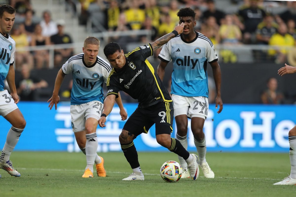 Jul 17, 2024; Columbus, Ohio, USA; Columbus Crew forward Cucho Hernandez (9) plays the ball defeneded by Charlotte FC defender Adilson Malanda (29) in the first half  at Lower.com Field. Mandatory Credit: Joseph Maiorana-USA TODAY Sports