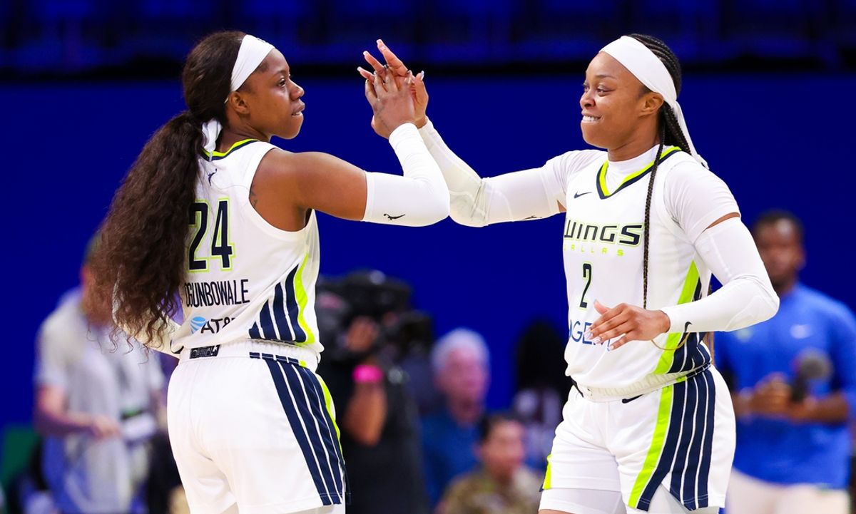 Jul 17, 2024; Arlington, Texas, USA;  Dallas Wings guard Arike Ogunbowale (24) celebrates with Dallas Wings guard Odyssey Sims (2) after the game against the Indiana Fever at College Park Center. Mandatory Credit: Kevin Jairaj-USA TODAY Sports
