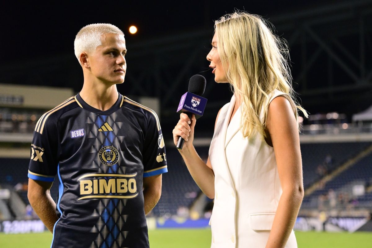 Jul 17, 2024; Philadelphia, Pennsylvania, USA; Philadelphia Union midfielder Cavan Sullivan (6) is interviewed after the game against the New England Revolution at Subaru Park. Mandatory Credit: Caean Couto-USA TODAY Sports