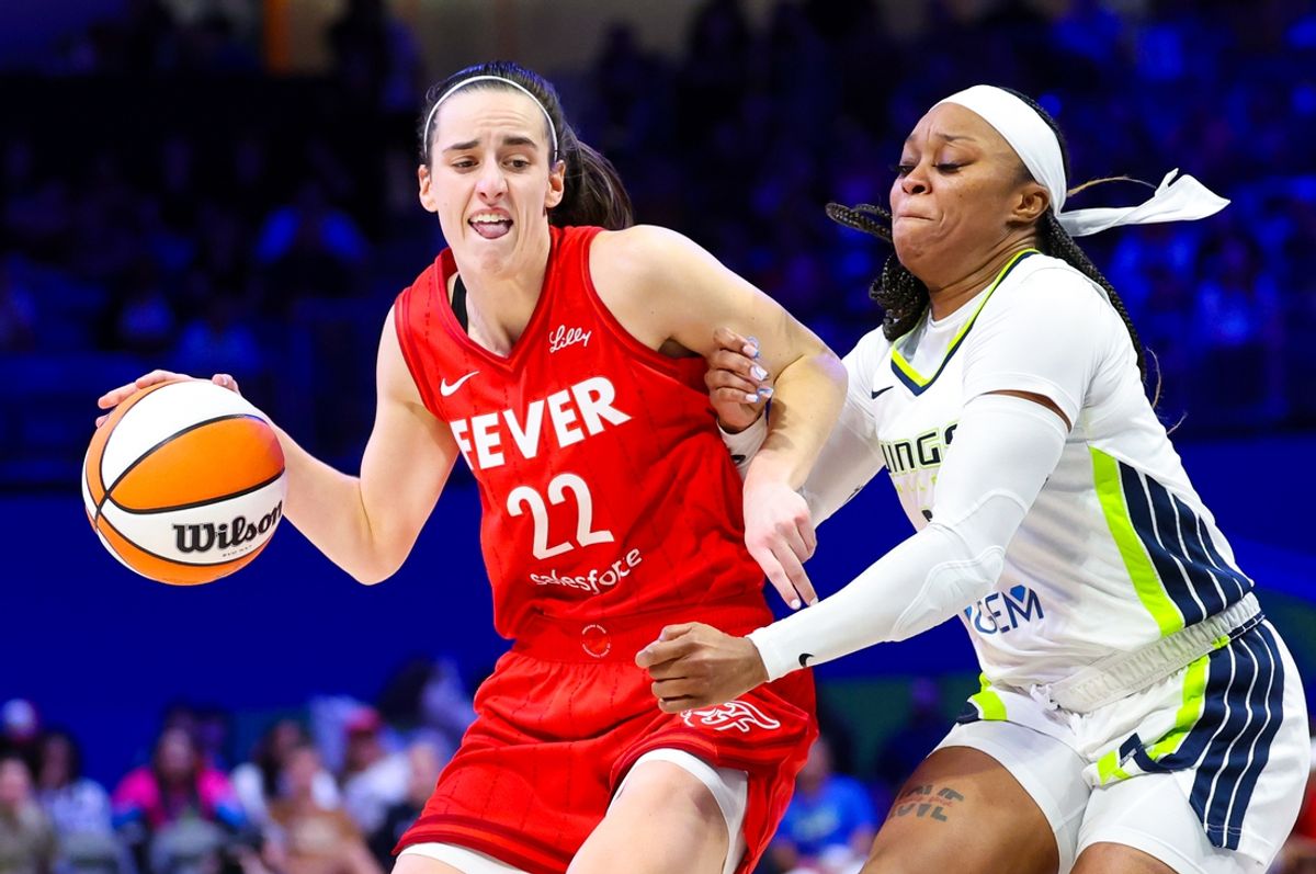 Jul 17, 2024; Arlington, Texas, USA; Indiana Fever guard Caitlin Clark (22) dribbles as Dallas Wings guard Odyssey Sims (2) defends  during the second half at College Park Center. Mandatory Credit: Kevin Jairaj-USA TODAY Sports