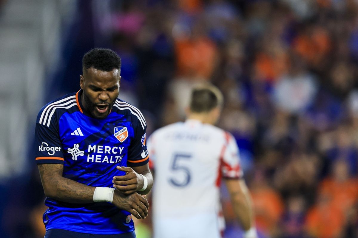 Jul 17, 2024; Cincinnati, Ohio, USA; FC Cincinnati forward Aaron Boupendza (9) reacts after a missed goal against in the second half against the Chicago Fire at TQL Stadium. Mandatory Credit: Katie Stratman-USA TODAY Sports