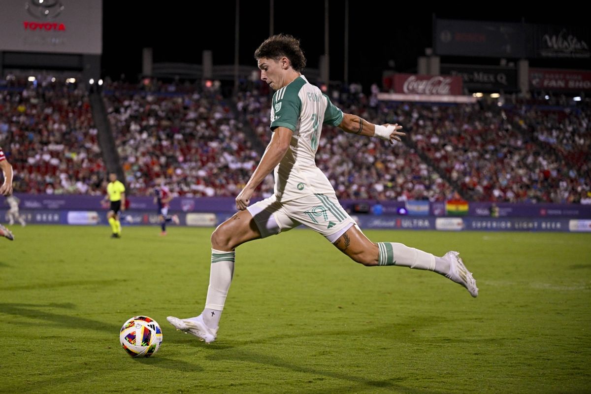 Jul 17, 2024; Frisco, Texas, USA; Austin FC forward CJ Fodrey (19) brings the ball upfield during the second half against FC Dallas at Toyota Stadium. Mandatory Credit: Jerome Miron-USA TODAY Sports