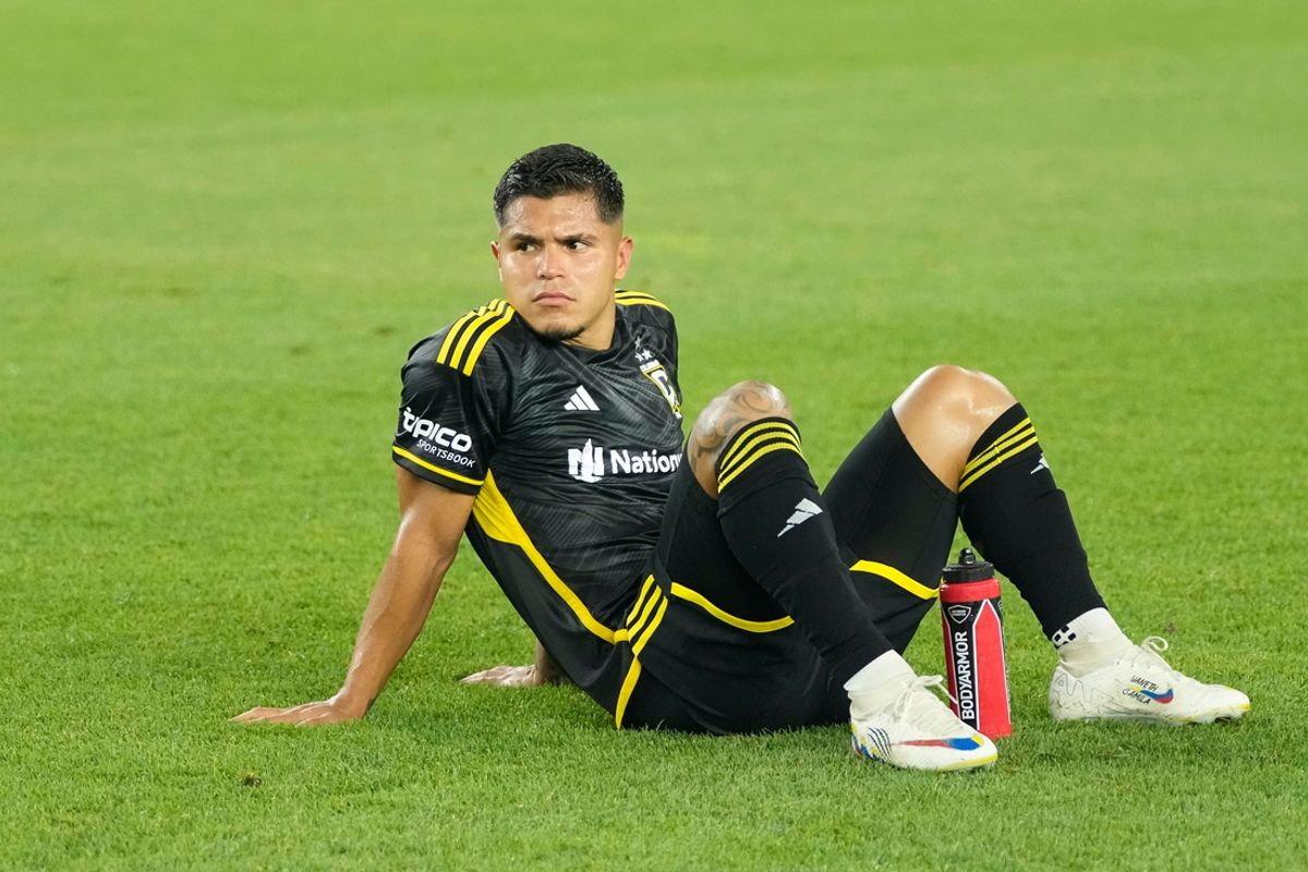 Jul 17, 2024; Columbus, OH, USA; Columbus Crew forward Cucho Hernandez (9) sits on the pitch following the MLS soccer game against Charlotte FC at Lower.com Field. The teams tied 1-1.