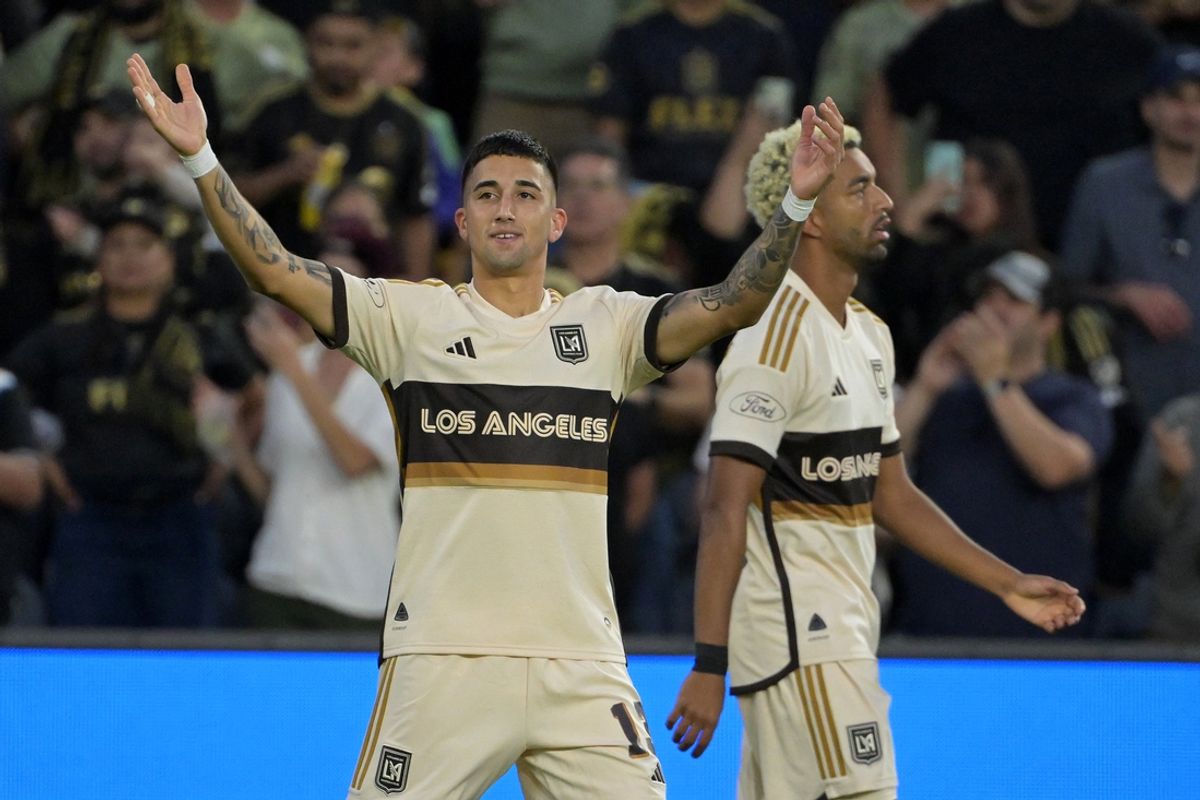 Jul 17, 2024; Los Angeles, California, USA; LAFC forward Cristian Olivera (13) reacts after scoring a goal against Real Salt Lake during the first half at BMO Stadium. Mandatory Credit: Jayne Kamin-Oncea-USA TODAY Sports