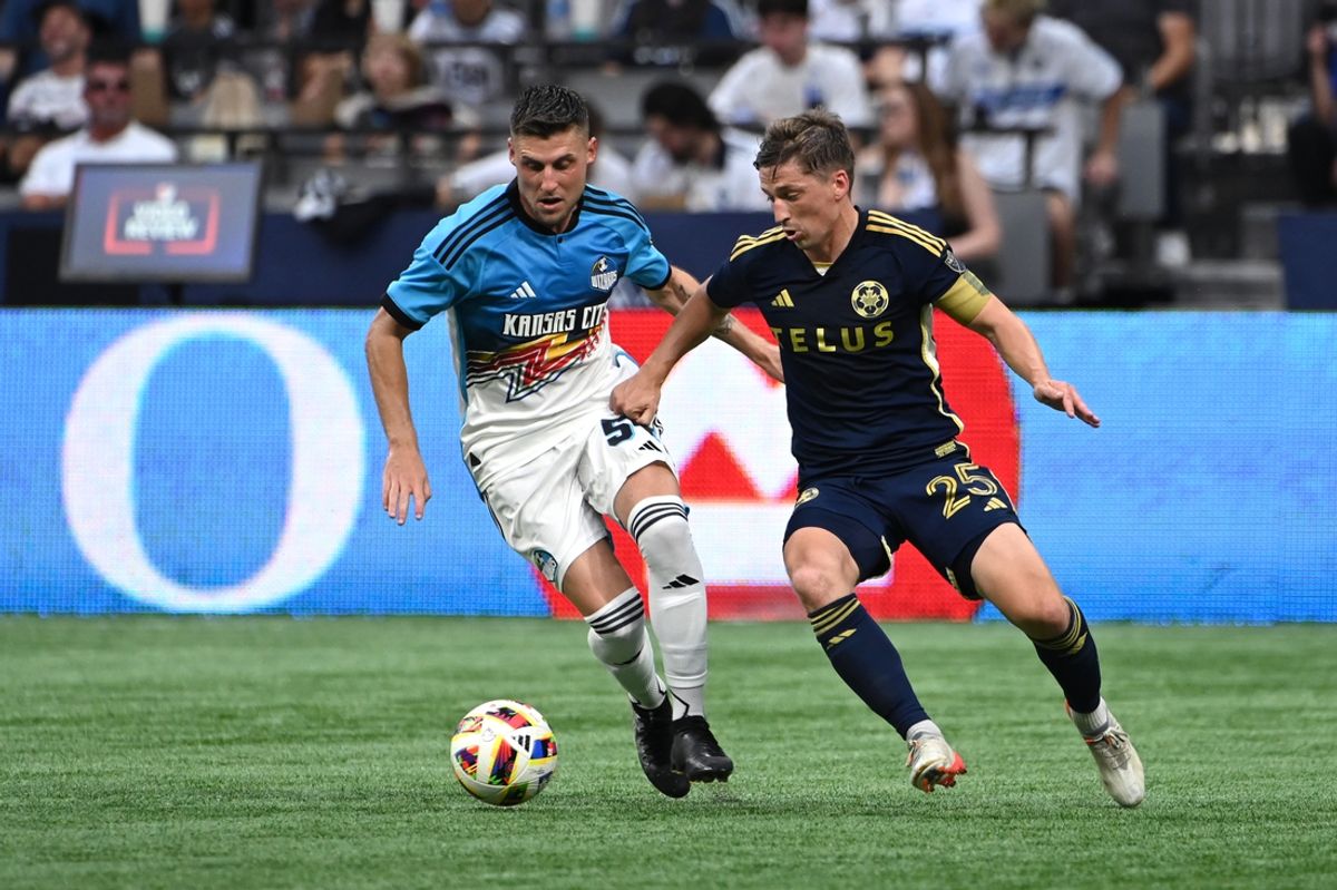 Jul 17, 2024; Vancouver, British Columbia, CAN; Vancouver Whitecaps FC midfielder Ryan Gauld (25) and Sporting Kansas City midfielder Remi Walter (54) battle for the ball during the first half at BC Place. Mandatory Credit: Simon Fearn-USA TODAY Sports