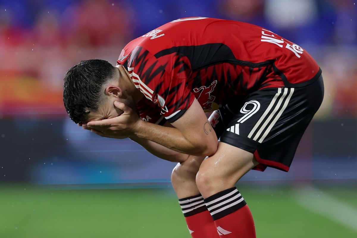Jul 17, 2024; Harrison, New Jersey, USA; New York Red Bulls midfielder Lewis Morgan (9) reacts after missing a shot against CF Montreal during the second half at Red Bull Arena. Mandatory Credit: Brad Penner-USA TODAY Sports