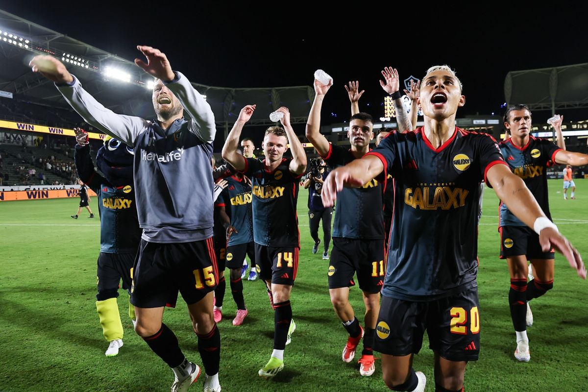 Jul 17, 2024; Carson, California, USA; LA Galaxy cheers towards the fans after the match against Colorado Rapids at Dignity Health Sports Park. Mandatory Credit: William Navarro-USA TODAY Sports