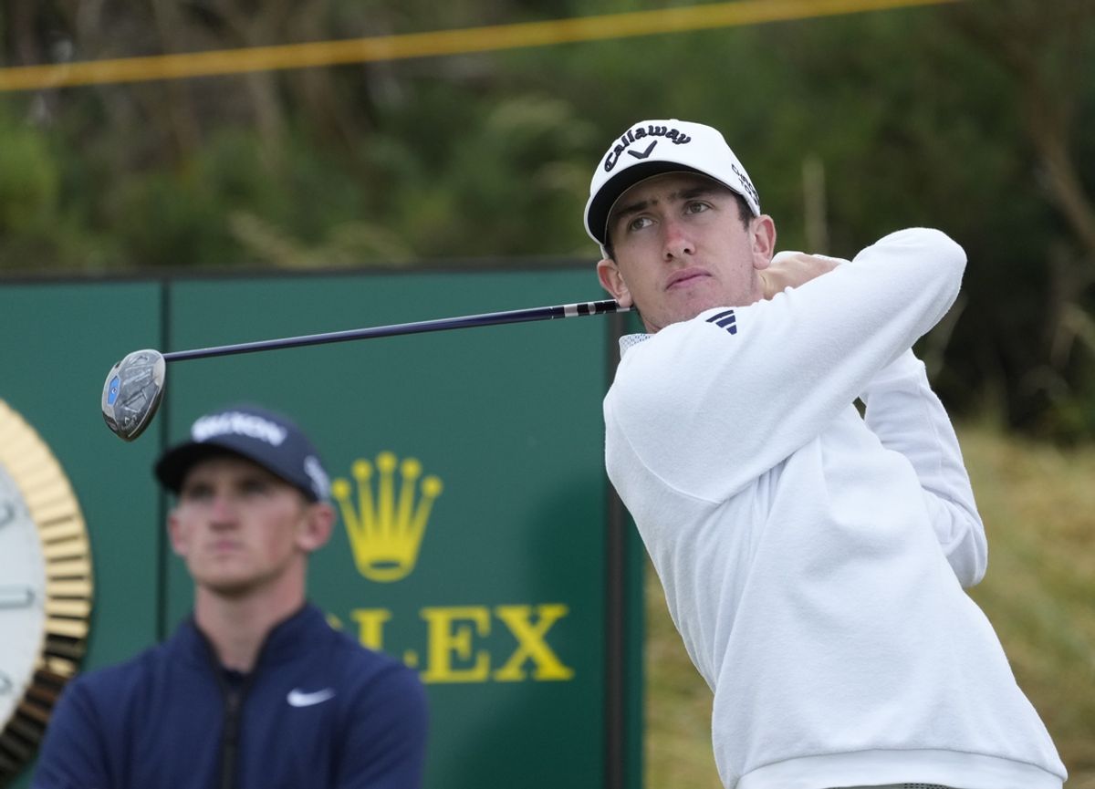Jul 18, 2024; Ayrshire, SCT; Tom McKibbin hits his tee shot on the 10th hole during the first round of the Open Championship golf tournament at Royal Troon. Mandatory Credit: Jack Gruber-Imagn Images