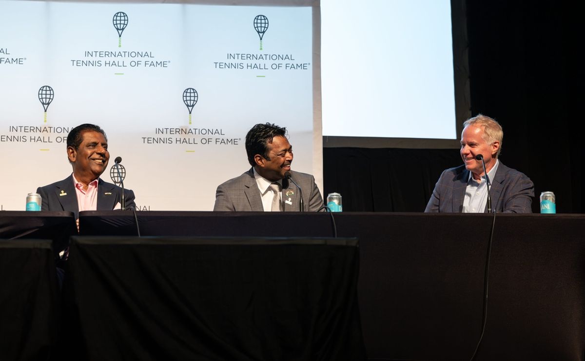Left to right: Vijay Amritraj, Leander Paes and Patrick McEnroe at the 2024 International Tennis Hall of Fame induction ceremony.