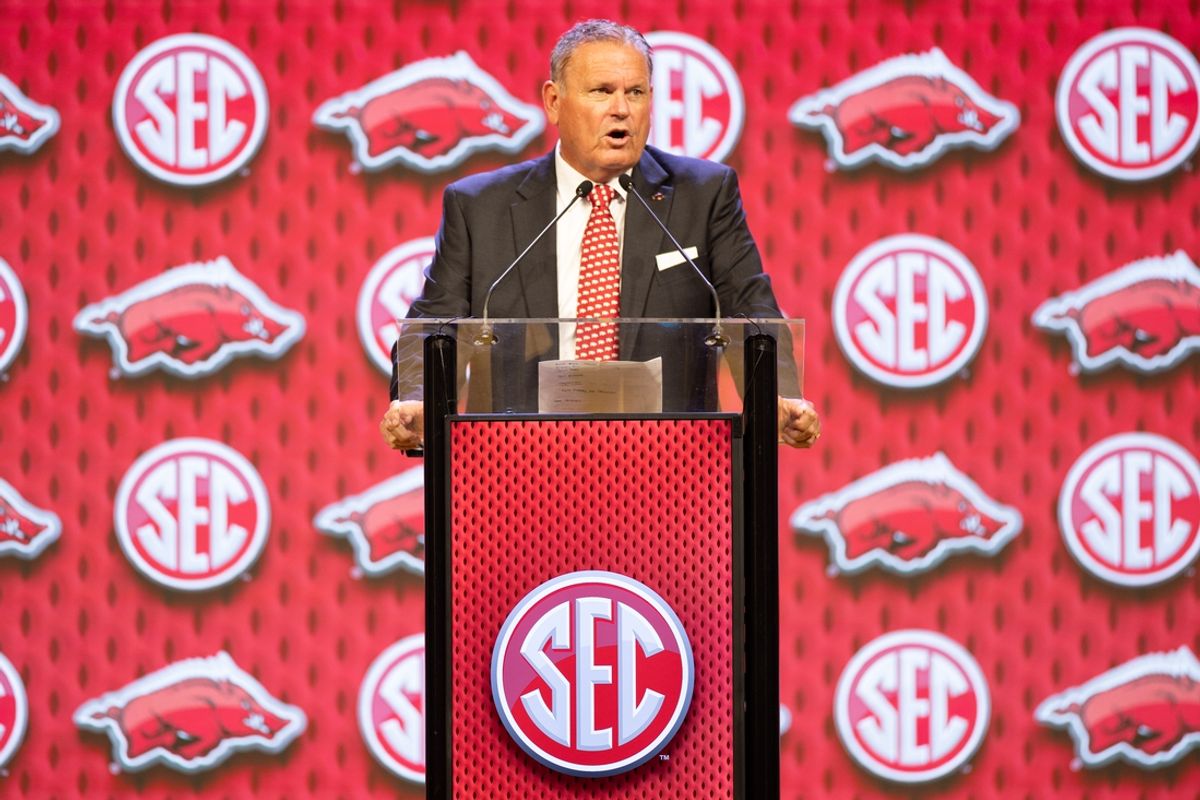 Jul 18, 2024; Dallas, TX, USA; Arkansas head coach Sam Pittman speaking at Omni Dallas Hotel. Mandatory Credit: Brett Patzke-USA TODAY Sports