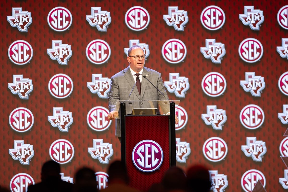 Jul 18, 2024; Dallas, TX, USA; Texas A&M head coach Mike Elko speaking at Omni Dallas Hotel. Mandatory Credit: Brett Patzke-USA TODAY Sports