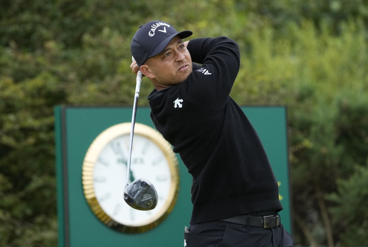 Jul 18, 2024; Ayrshire, SCT; Xander Schauffele hits his tee shot on the 12th hole during the first round of the Open Championship golf tournament at Royal Troon. Mandatory Credit: Jack Gruber-USA TODAY Sports