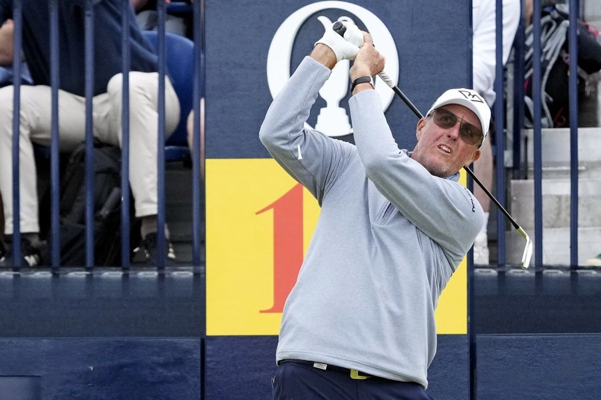 Jul 19, 2024; Ayrshire, SCT; Phil Mickelson plays his shot from the 14th tee during the second round of the Open Championship golf tournament at Royal Troon. Mandatory Credit: Jack Gruber-Imagn Images