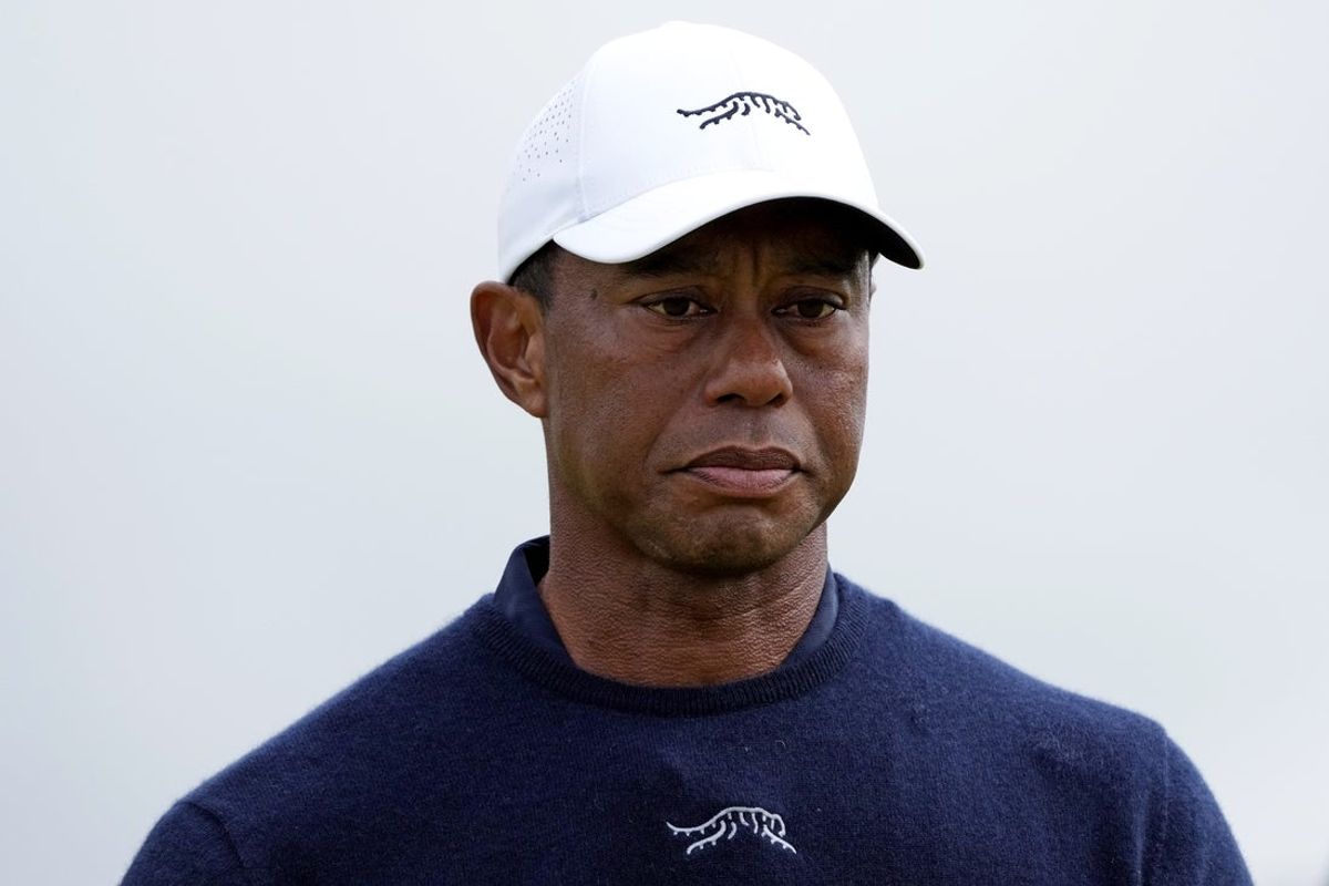 Jul 19, 2024; Ayrshire, SCT; Tiger Woods on the 12th hole during the second round of the Open Championship golf tournament at Royal Troon. Mandatory Credit: Jack Gruber-Imagn Images