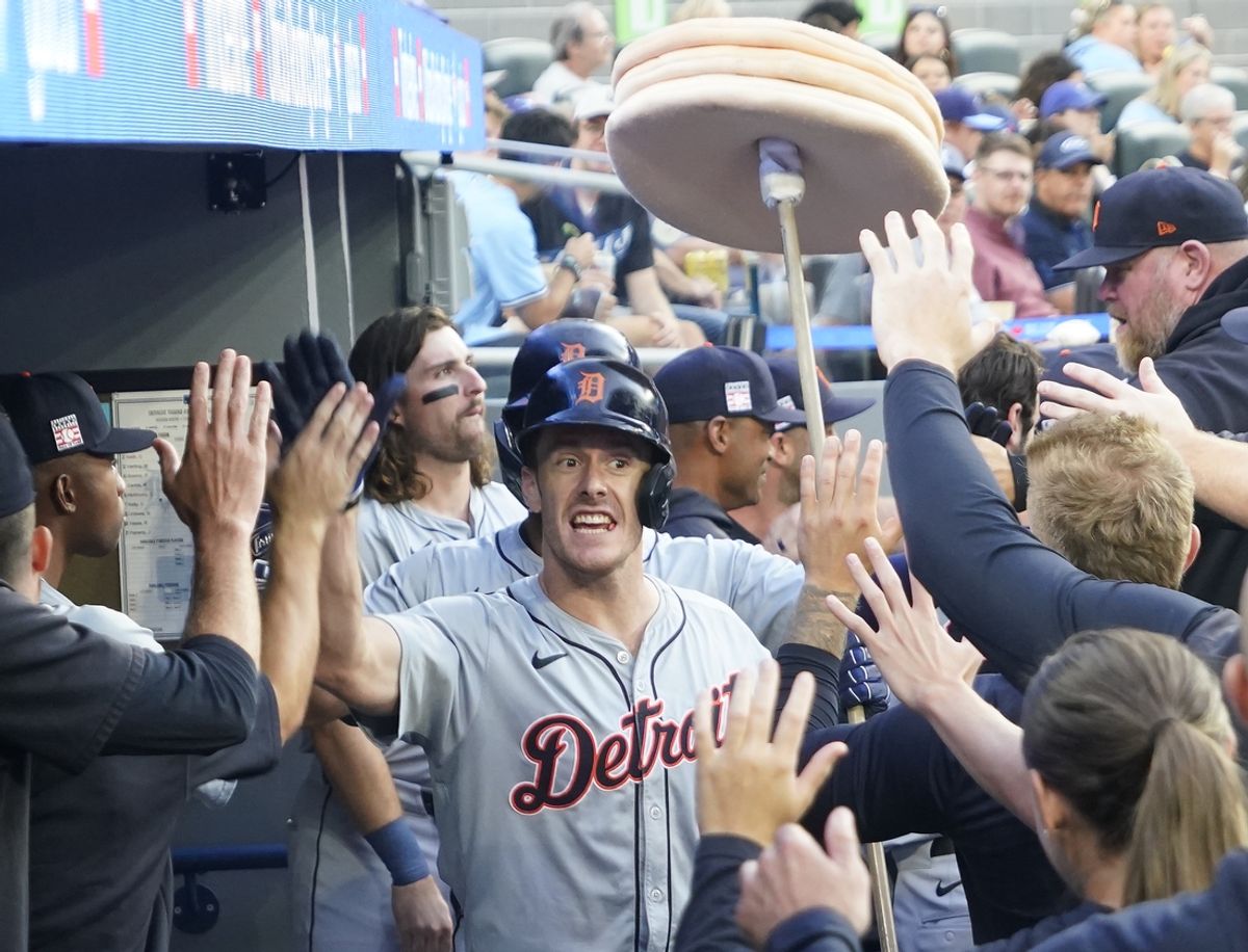 Jul 19, 2024; Toronto, Ontario, CAN; Detroit Tigers designated hitter Mark Canha (21) gets congratulated after his two run home run against the Toronto Blue Jays during the fourth inning at Rogers Centre. Mandatory Credit: John E. Sokolowski-USA TODAY Sports