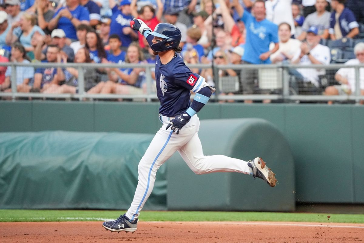 Jul 19, 2024; Kansas City, Missouri, USA; Kansas City Royals shortstop Bobby Witt Jr. (7) celebrates toward fans while running the bases after hitting a solo home run in the first inning at Kauffman Stadium. Mandatory Credit: Denny Medley-USA TODAY Sports