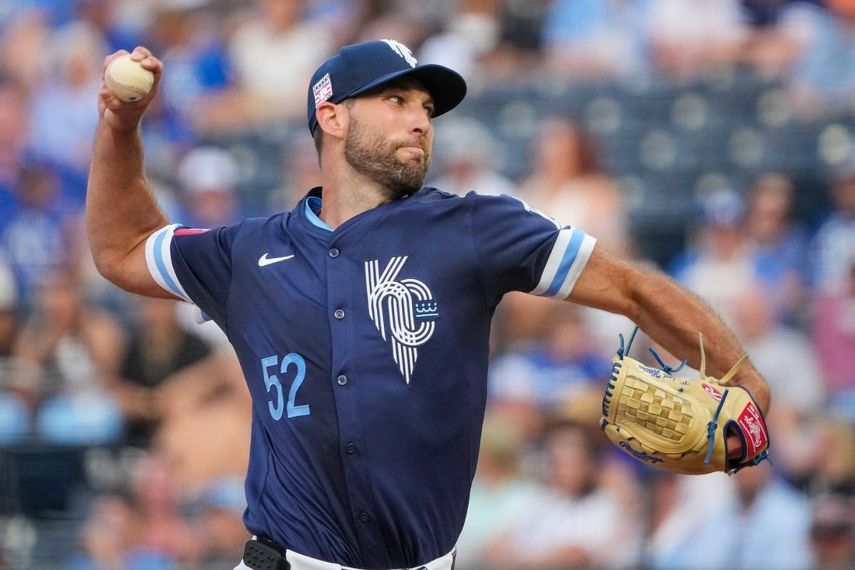 Jul 19, 2024; Kansas City, Missouri, USA; Kansas City Royals starting pitcher Michael Wacha (52) delivers a pitch against the Chicago White Sox in the first inning at Kauffman Stadium. Mandatory Credit: Denny Medley-USA TODAY Sports