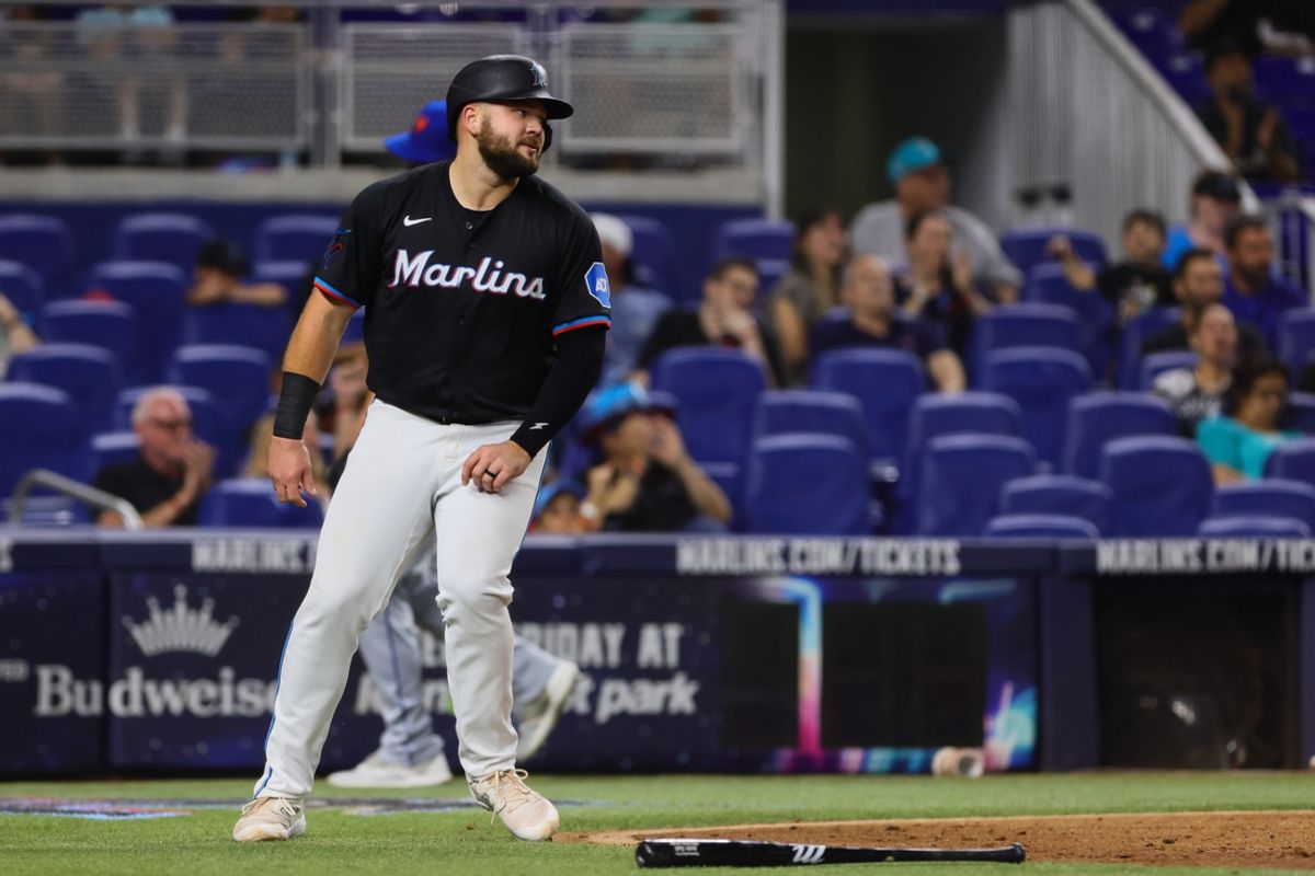 Jul 19, 2024; Miami, Florida, USA; Miami Marlins first baseman Jake Burger (36) scores against the New York Mets during the third inning at loanDepot Park. Mandatory Credit: Sam Navarro-USA TODAY Sports