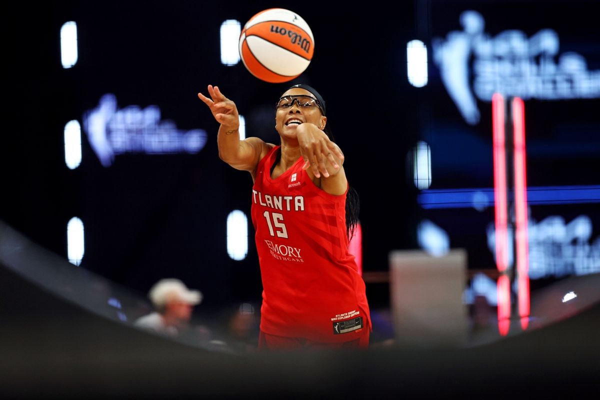 Jul 19, 2024; Phoenix, AZ, USA; Atlanta Dream player Allisha Gray participates skills challenge during the WNBA All-Star Skills Night at the Footprint Center. Mandatory Credit: Mark J. Rebilas-USA TODAY Sports