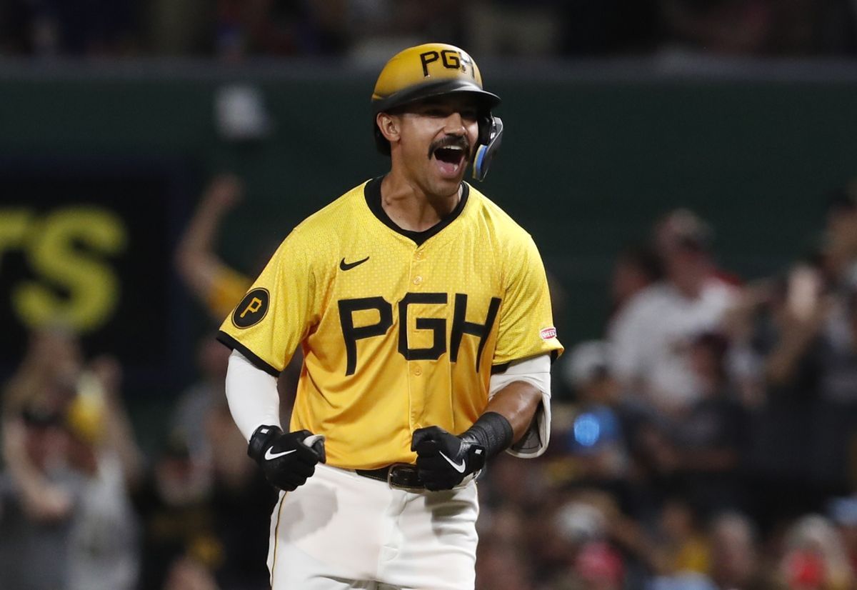 Jul 19, 2024; Pittsburgh, Pennsylvania, USA;  Pittsburgh Pirates second baseman Nick Gonzales (39) reacts after hitting a game winning walk off single to defeat the Philadelphia Phillies during the ninth inning at PNC Park. Pittsburgh won 8-7.Mandatory Credit: Charles LeClaire-USA TODAY Sports