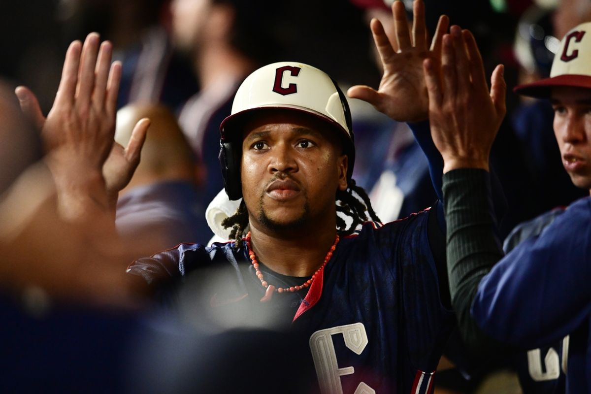 Jul 19, 2024; Cleveland, Ohio, USA; Cleveland Guardians third baseman Jose Ramirez (11) celebrates after scoring during the eighth inning against the San Diego Padres at Progressive Field. Mandatory Credit: Ken Blaze-USA TODAY Sports