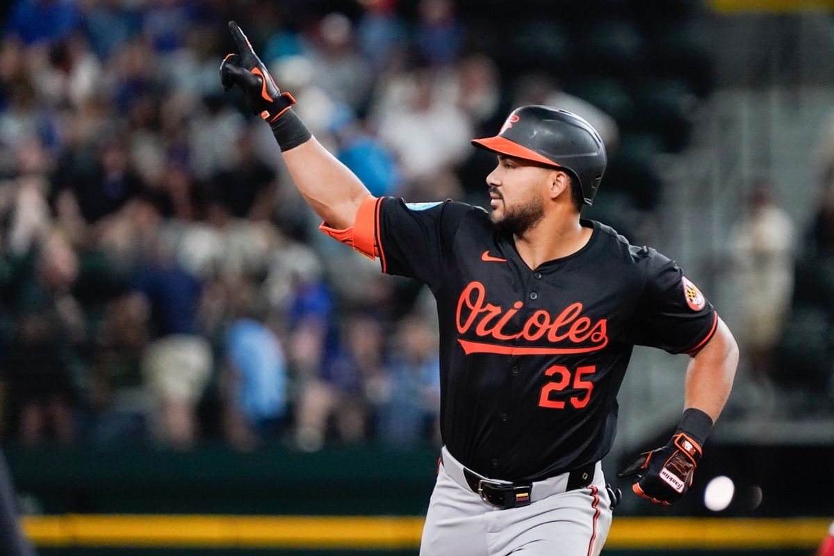 Jul 19, 2024; Arlington, Texas, USA; Baltimore Orioles outfielder Anthony Santander (25) reacts as he rounds the bases after hitting a three-run home run during the seventh inning against the Texas Rangers at Globe Life Field. Mandatory Credit: Raymond Carlin III-USA TODAY Sports