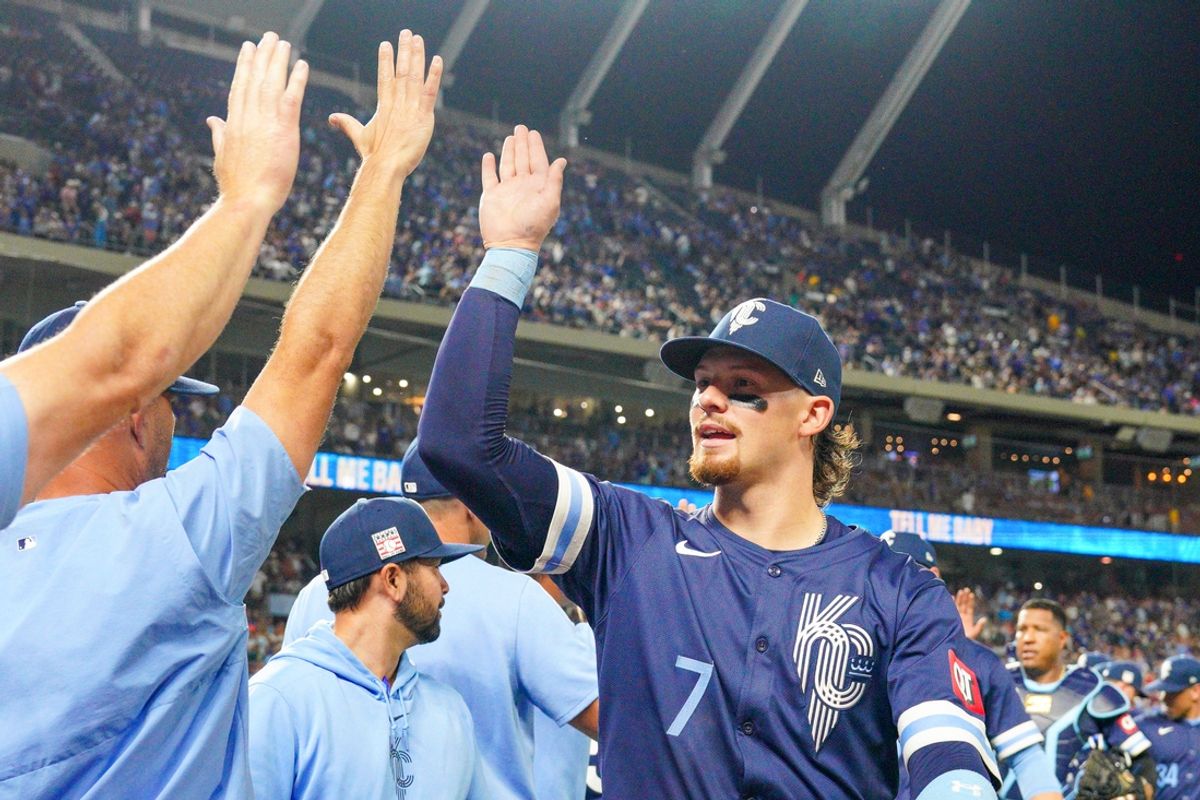 Jul 19, 2024; Kansas City, Missouri, USA;  Kansas City Royals shortstop Bobby Witt Jr. (7) celebrates with team mates after the win over the Chicago White Sox at Kauffman Stadium. Mandatory Credit: Denny Medley-USA TODAY Sports