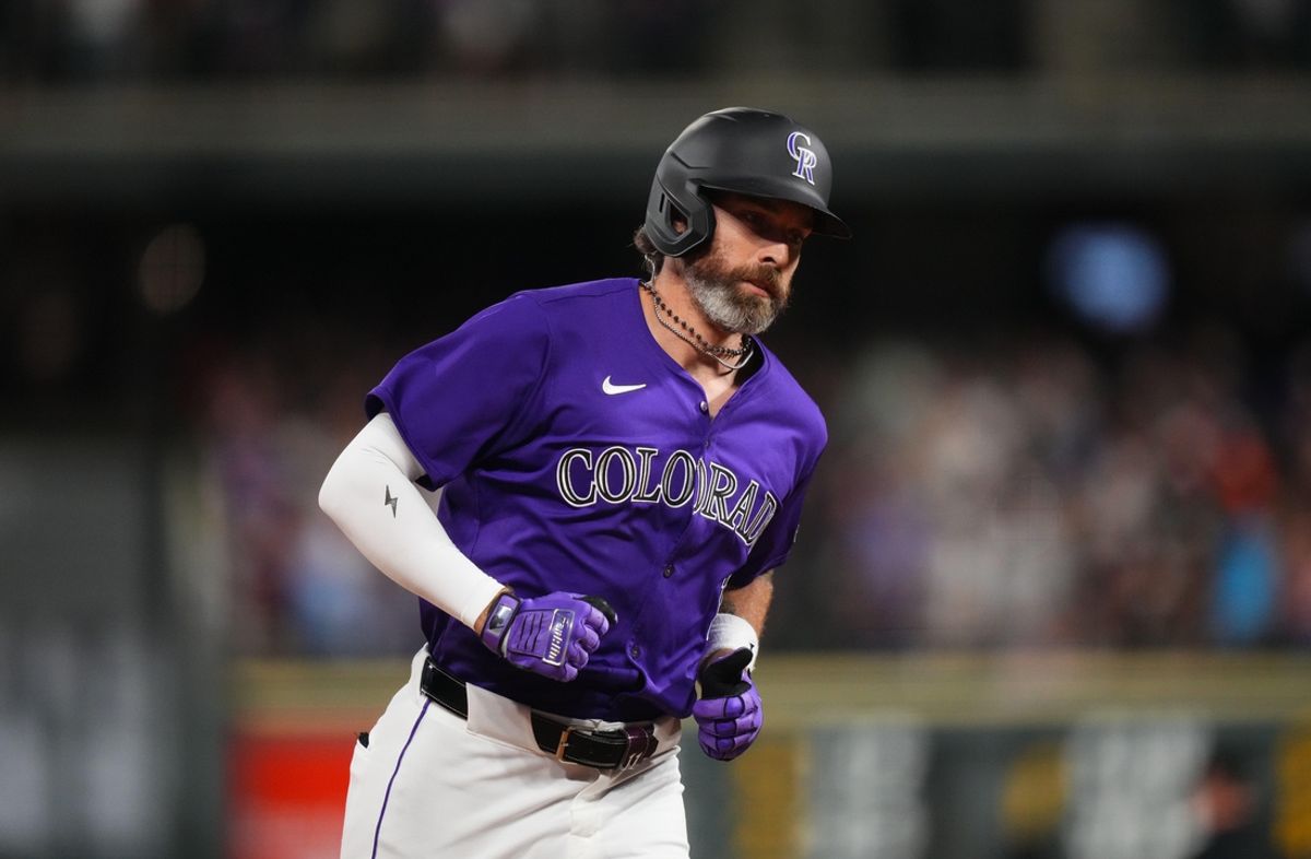 Jul 19, 2024; Denver, Colorado, USA; Colorado Rockies outfielder Jake Cave (11) runs off a three run home run in the eighth inning against the San Francisco Giants at Coors Field. Mandatory Credit: Ron Chenoy-USA TODAY Sports