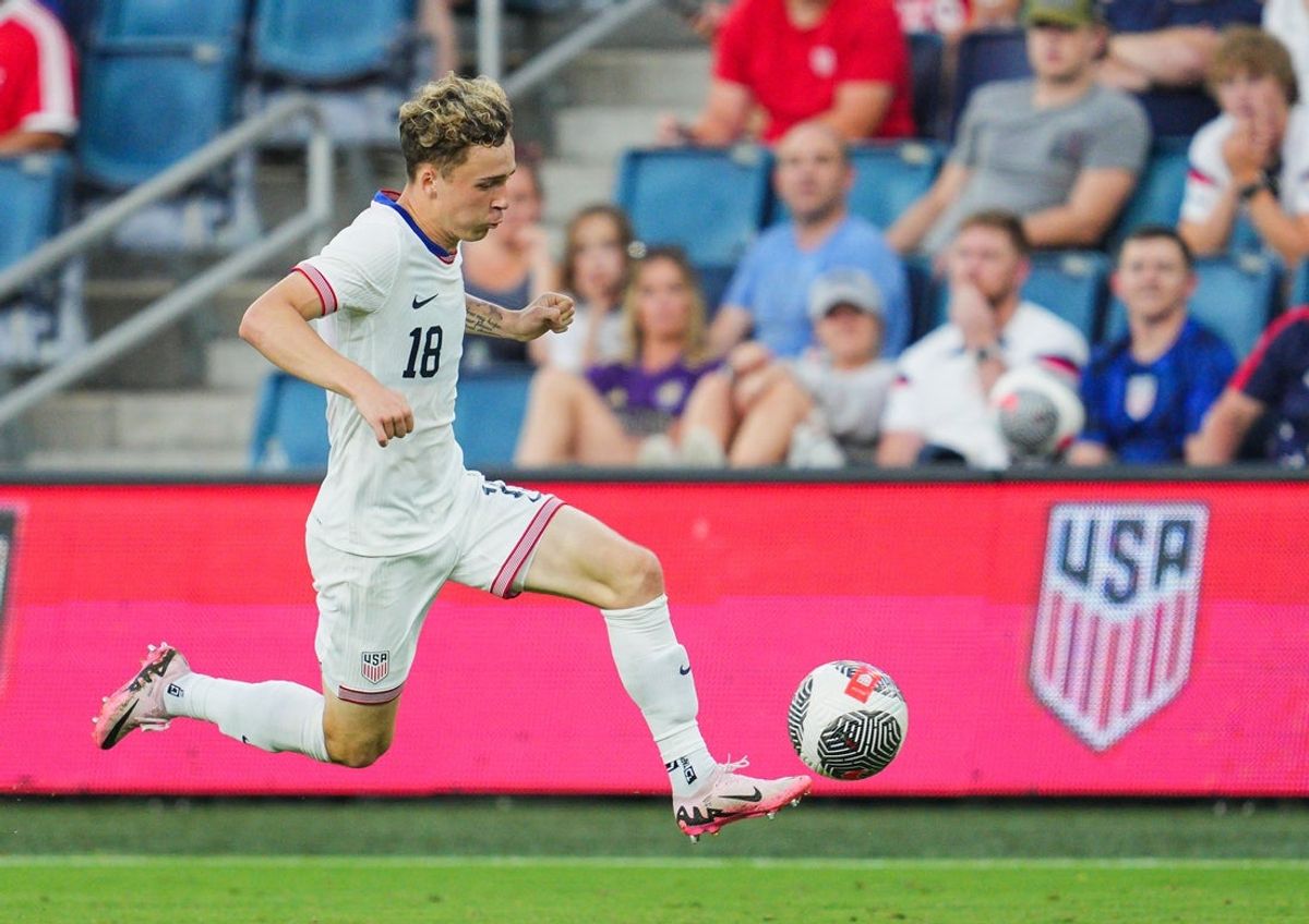 Jun 11, 2024; Kansas City, Kansas, USA; United States forward Griffin Yow (18) controls the ball during the second half against Japan at Children's Mercy Park. Mandatory Credit: Jay Biggerstaff-Imagn Images