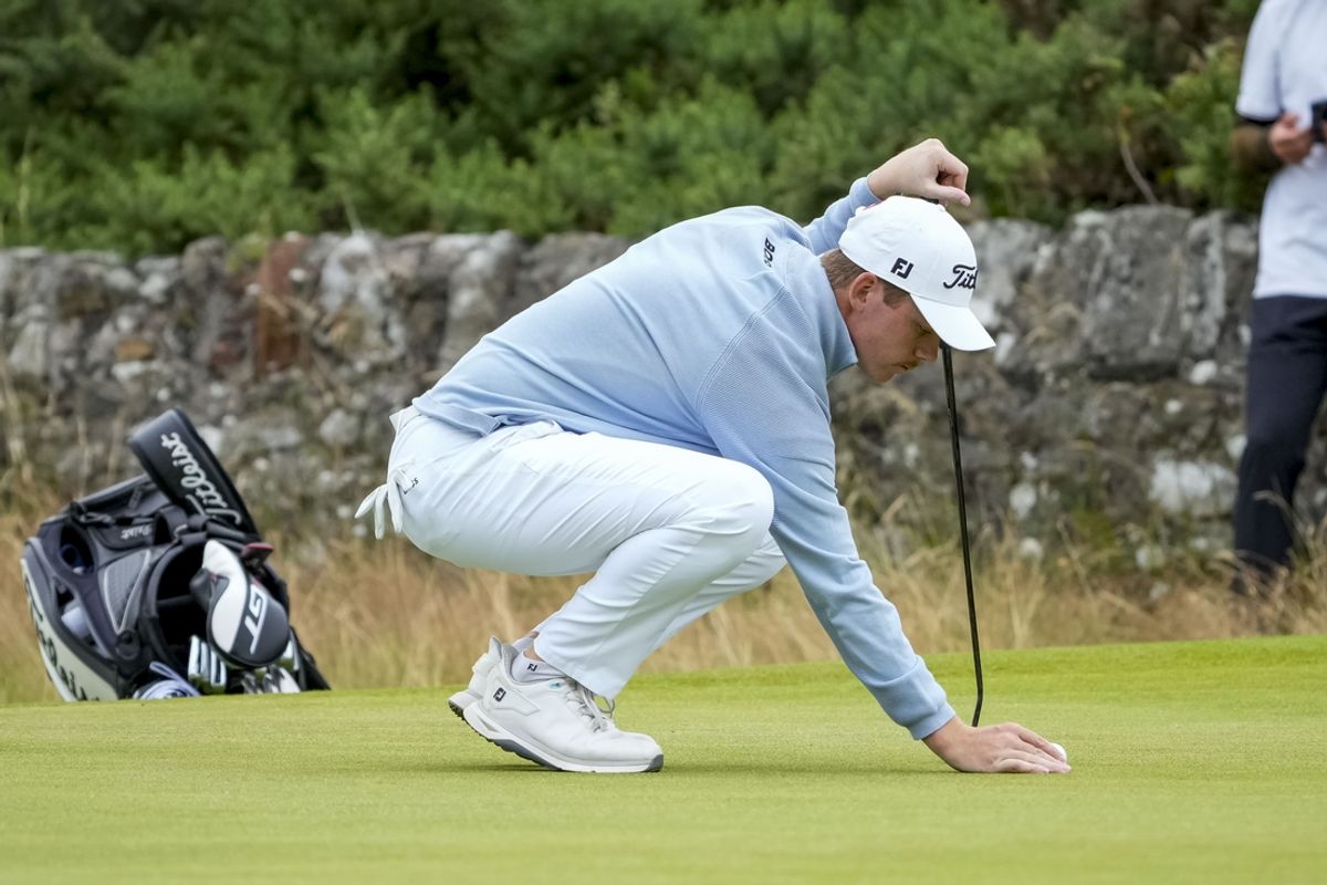 Jul 20, 2024; Ayrshire, SCT; Daniel Hillier sets up a shot on the 11th hole during the third round of the Open Championship golf tournament at Royal Troon. Mandatory Credit: Jack Gruber-Imagn Images