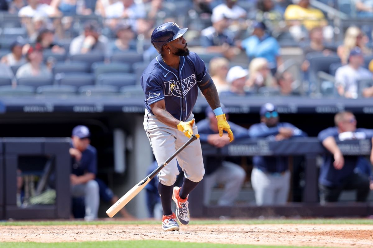 Jul 20, 2024; Bronx, New York, USA; Tampa Bay Rays left fielder Randy Arozarena (56) watches his two run home run against the New York Yankees during the seventh inning at Yankee Stadium. Mandatory Credit: Brad Penner-USA TODAY Sports