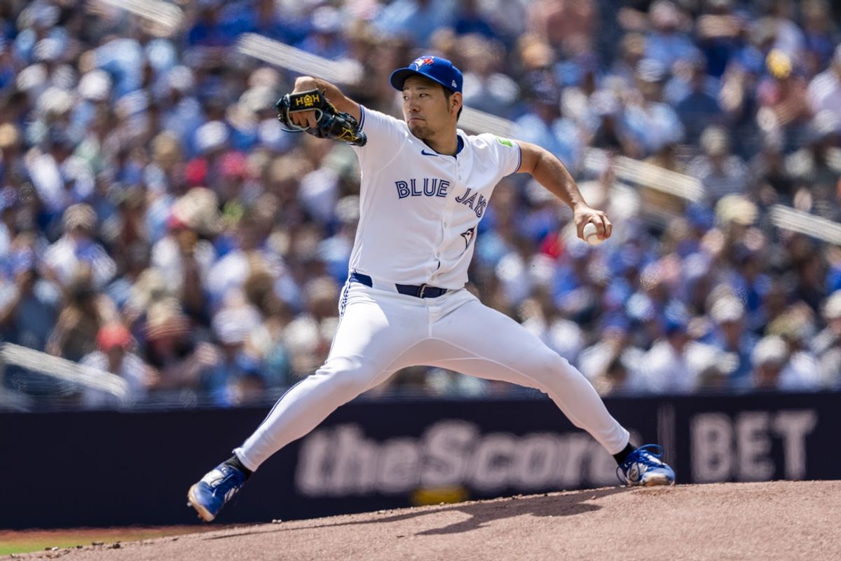 Jul 20, 2024; Toronto, Ontario, CAN; Toronto Blue Jays pitcher Yusei Kikuchi (16) pitches to the Detroit Tigers during the first inning at Rogers Centre. Mandatory Credit: Kevin Sousa-USA TODAY Sports