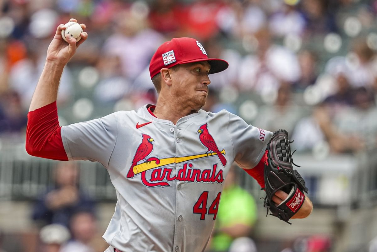 Jul 20, 2024; Cumberland, GA, USA; St. Louis Cardinals starting pitcher Kyle Gibson (44) pitches against the Atlanta Braves during the first inning at Truist Park. Mandatory Credit: Dale Zanine-USA TODAY Sports
