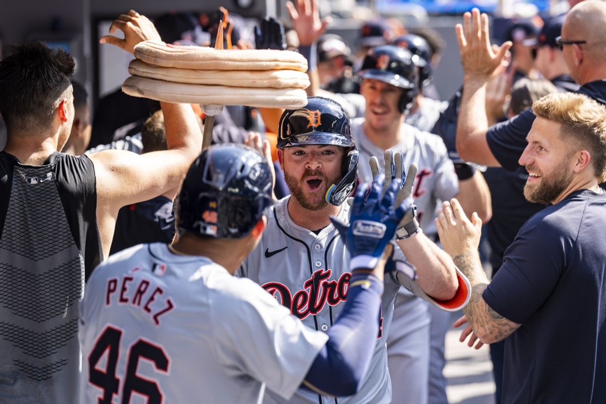 Jul 20, 2024; Toronto, Ontario, CAN; Detroit Tigers catcher Jake Rogers (34) celebrates hitting a home run against the Toronto Blue Jays during the sixth inning at Rogers Centre. Mandatory Credit: Kevin Sousa-USA TODAY Sports