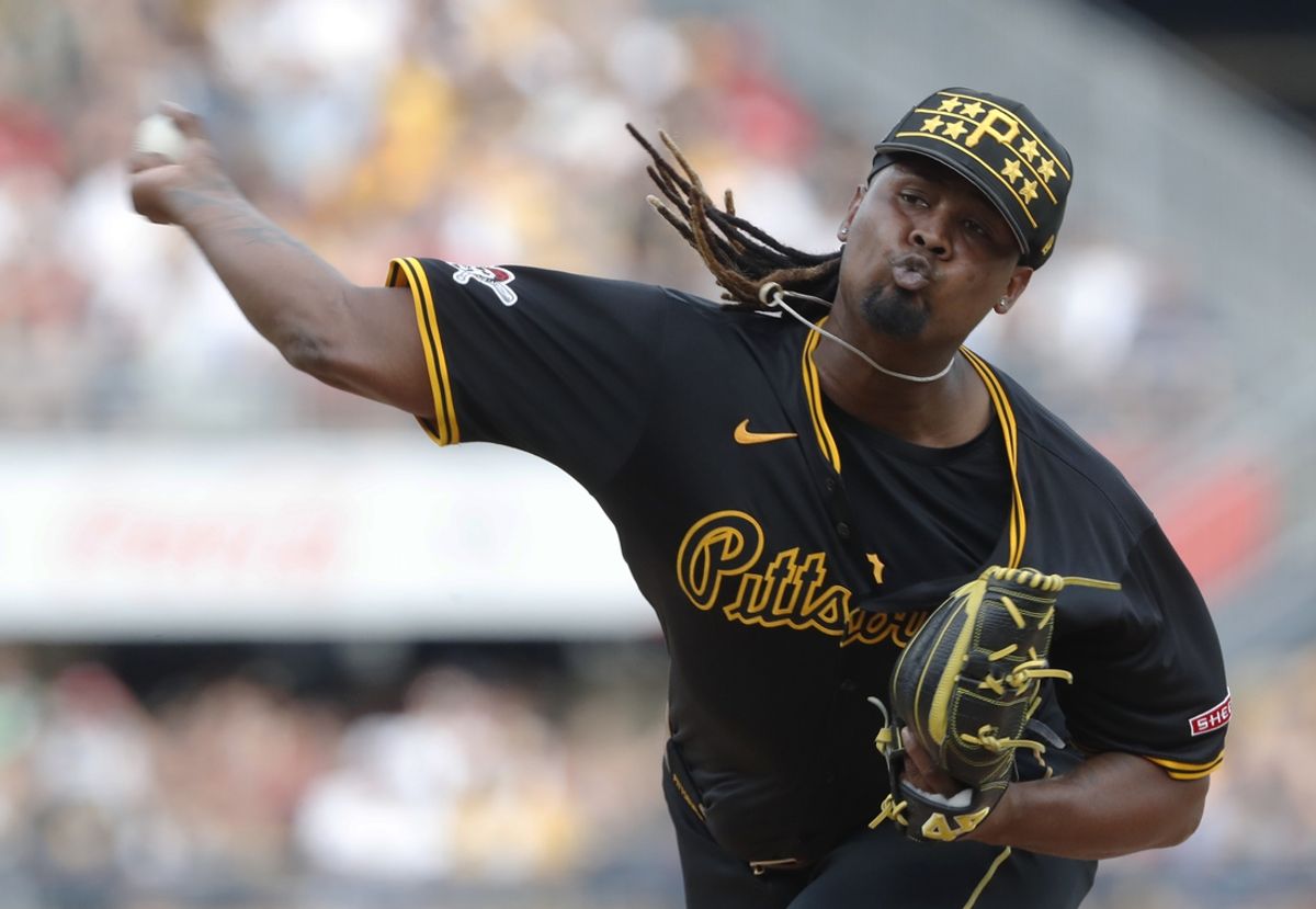 Jul 20, 2024; Pittsburgh, Pennsylvania, USA;  Pittsburgh Pirates starting pitcher Luis L. Ortiz (48) delivers against the Philadelphia Phillies during the first inning at PNC Park. Mandatory Credit: Charles LeClaire-USA TODAY Sports