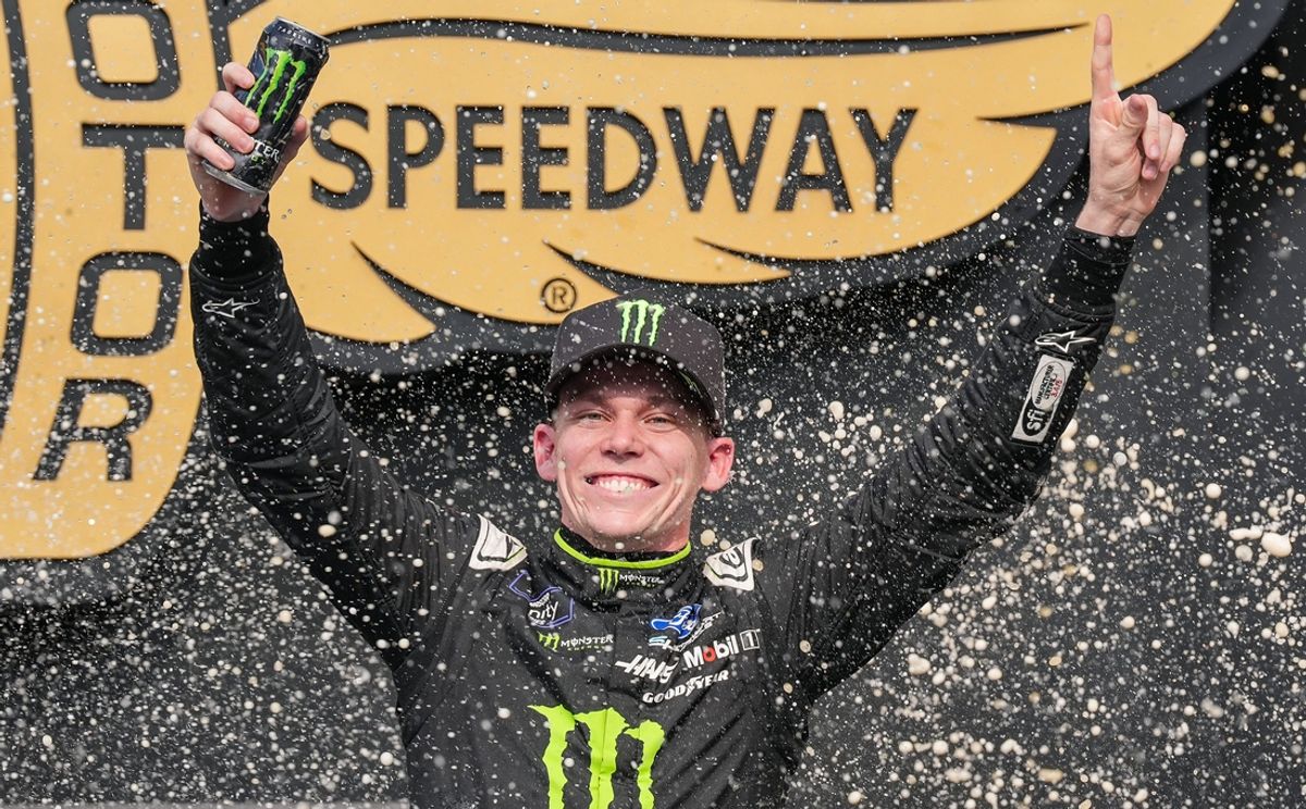 NASCAR Xfinity Series driver Riley Herbst (98) celebrates after winning the Pennzoil 250, Saturday, July 20, 2024, at Indianapolis Motor Speedway.
